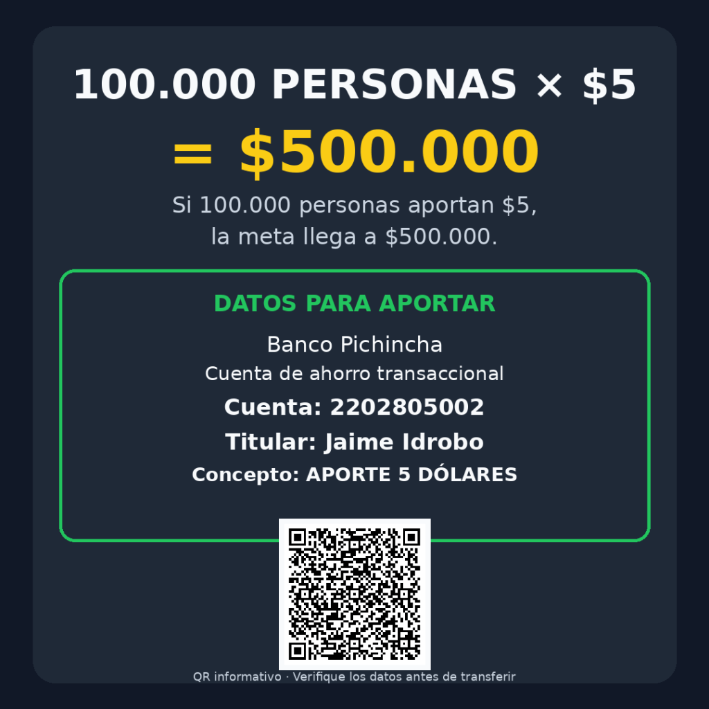 Campaña voluntaria 100.000 personas por 5 dólares, titular Jaime Idrobo